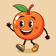 Groovy orange mascot. Funky retro character. cartoon apple, smiling, walking. Funny vintage trendy style character. Doodle Comic collection 