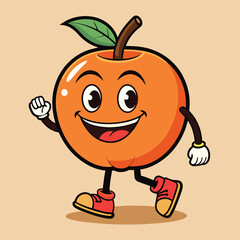 Groovy orange mascot. Funky retro character. cartoon apple, smiling, walking. Funny vintage trendy style character. Doodle Comic collection 