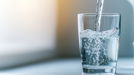 Pouring sparkling water into a glass with bubbles.