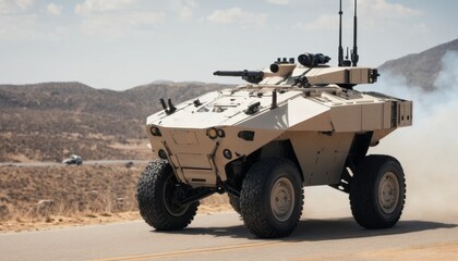 Military armored vehicle driving through rugged terrain with clouds in the sky and mountains in the background