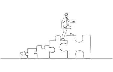 Continuous one line drawing of businessman stepping up to big puzzle piece, career growth, self development to become important part of organization concept, single line art