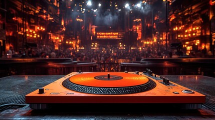 DJ turntable in vibrant nightclub
