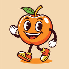 Groovy orange mascot. Funky retro character. cartoon apple, smiling, walking. Funny vintage trendy style character. Doodle Comic collection 