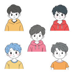 Set of Cute Boy Cartoon Character Wearing Casual Clothes with Happy Face Expression