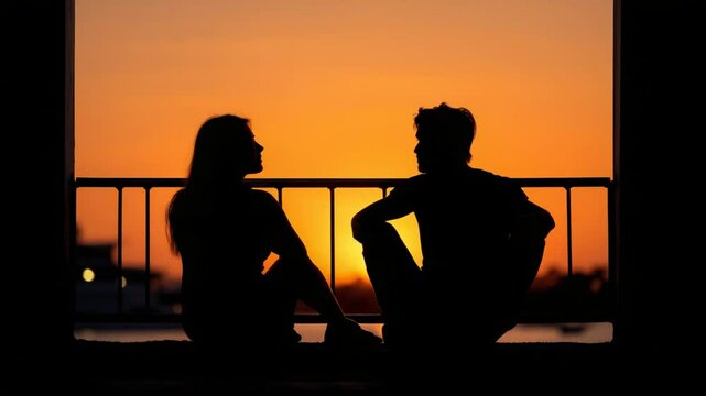 Romantic sunset silhouette on veranda with loved one