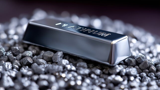 Platinum bar surrounded by raw platinum ore on a dark reflective surface.
