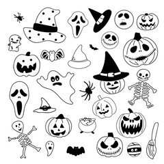 Fototapeta premium Halloween doodles black and white drawing set. Happy halloween doodle elements.Vector illustration