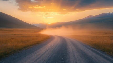 Fototapeta premium Dusty road leading to golden sunset over mountains