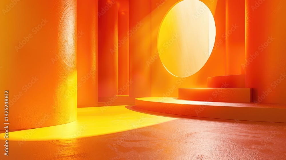 Poster this image showcases an abstract and distorted view of a stylized cylinder within a warm orange inte