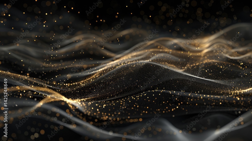Poster this abstract image features flowing waves with golden particles against a black background. the ele