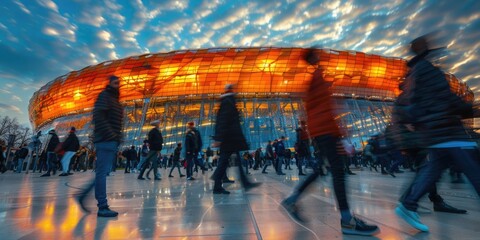 Crowd of people walking outside a stadium in motion blur with the sunset in the background. The long exposure image of visitor walking and visiting at sport arena. Sports and event concept. AIG55.