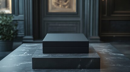 Premium empty box with a sleek, modern design, resting against an elegant backdrop 