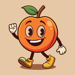 Groovy orange mascot. Funky retro character. cartoon apple, smiling, walking. Funny vintage trendy style character. Doodle Comic collection 