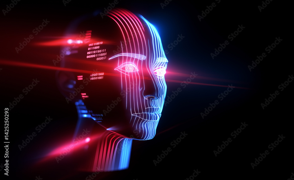Aufkleber ai face with glowing red eyes and digital blue dots, surrounded by red binary numbers.