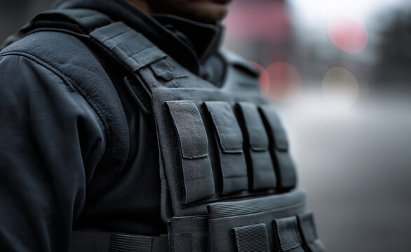 Bulletproof vest close-up showing tactical gear details and rugged fabric texture.
