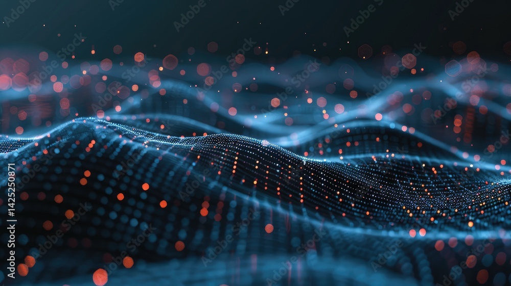 Poster explore this captivating abstract tech background featuring digital waves illuminated by vibrant par