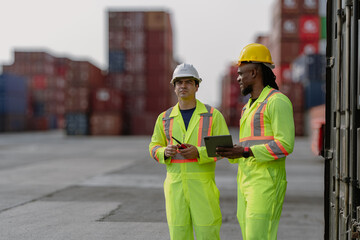 Industrial engineer standing at shipping container yard inspecting cargo delivering loading as plan. Cargo manager and diverse ethnic worker checking import export container at logistic terminal dock.