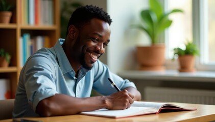 Obraz premium Smiling dark-skinned individual studying, showing joy , school, education