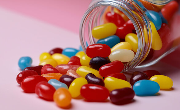 Colorful jelly beans spilling out of a glass jar onto a light surface.
