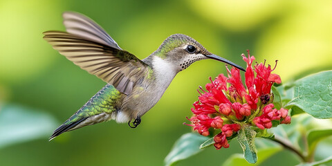 Hummingbird Feeding from Red Flower, Close-up of Hummingbird Hovering Over Flower, Tiny Hummingbird on Vibrant Red Flower

