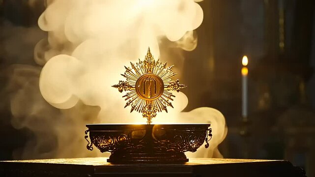 Golden monstrance illuminated by soft light, surrounded by ethereal smoke and candlelight