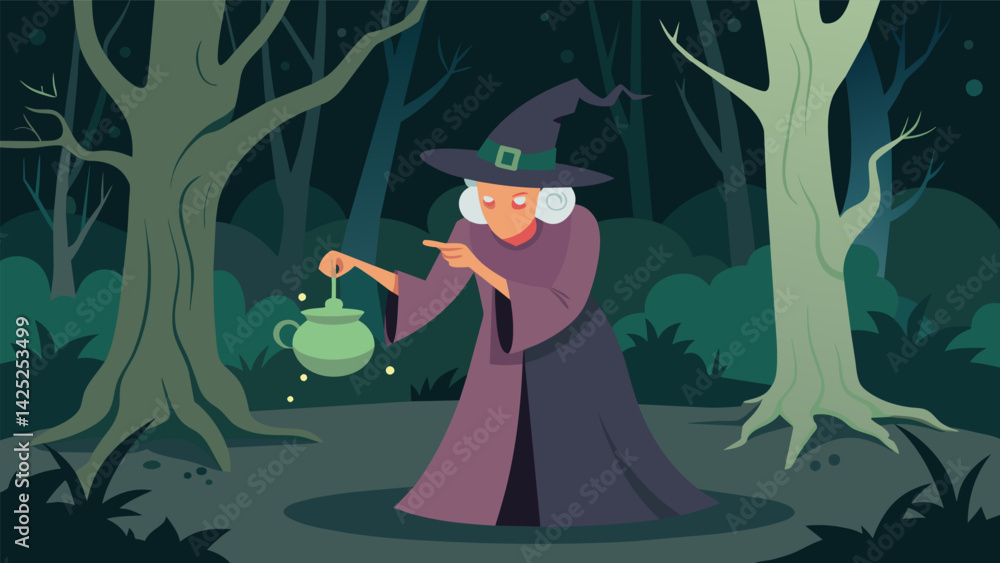 Aufkleber a the twisted trees of the forest a witch painstakingly measures out a precise amount of sensational