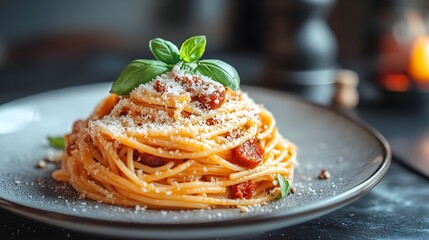Delicious Spaghetti with Tomato Sauce Sausage and Parmesan Cheese A Close up shot of a gourmet pasta dish