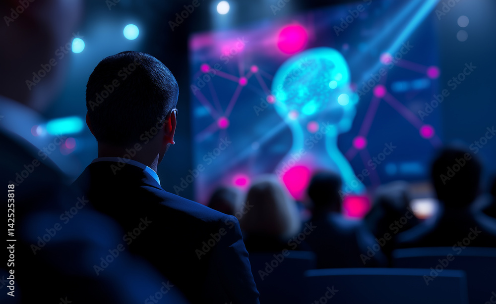 Poster businesspeople watching a digital presentation with glowing network graphics on a large screen.