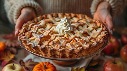Woman's Hands Presenting a Delicious Homemade Apple Pie with Whipped Cream