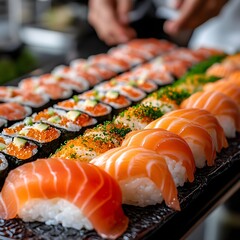 Delicious Salmon and Avocado Sushi Platter A Close Up View of Fresh Appetising Japanese Cuisine