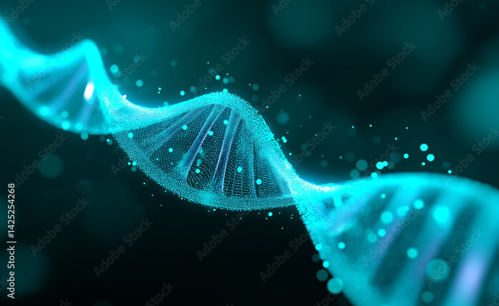 Poster glowing blue dna double helix strand on a dark background with particle effects.