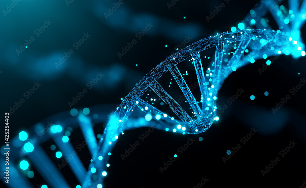 Aufkleber glowing blue dna double helix strand on a dark background with particle effects.