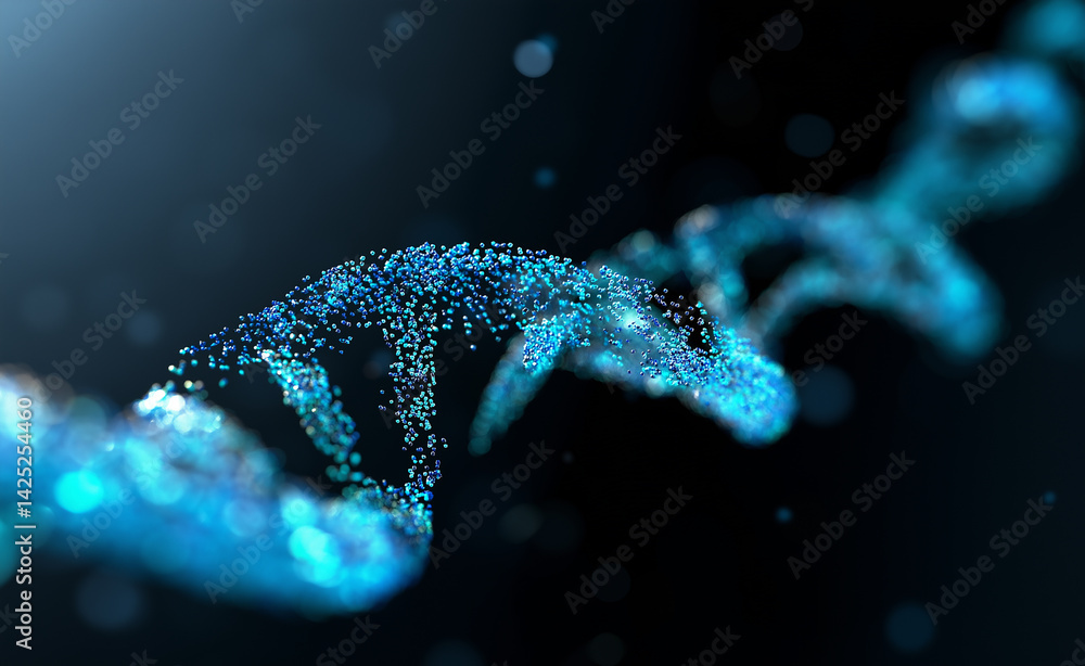 Poster glowing blue dna double helix strand on a dark background with particle effects.