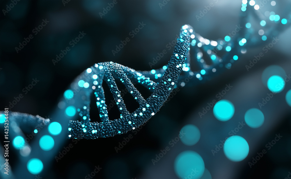 Poster glowing blue dna double helix strand on a dark background with particle effects.