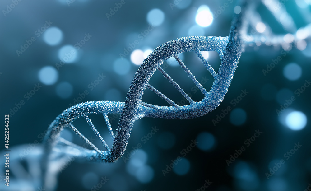 Poster glowing blue dna double helix strand on a dark background with particle effects.