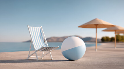 Beach ball sits, feeling hopeful by chair near sea, enjoying summer