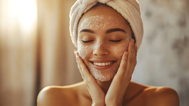 woman with towel on her head gently exfoliates her skin with sugar scrub, smiling serenely