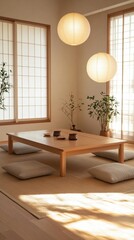 Fototapeta premium Serene Minimalist Japanese Tea Room Interior Design with Warm Sunlight and Paper Lanterns