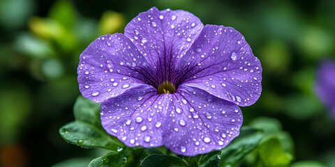 Close-up of Purple Flower with Rain Drops, Petunia Blossom with Water Droplets, Macro Shot of Wet Purple Flower in Garden

