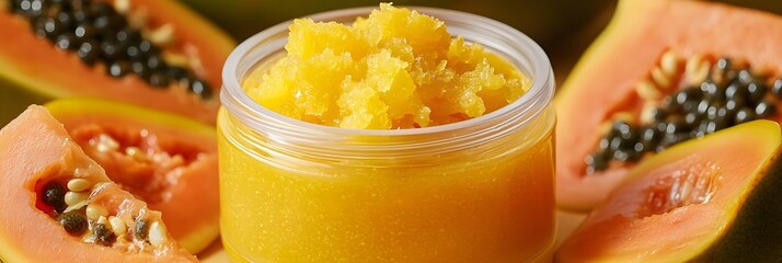 Homemade Papaya Body Scrub in a Clear Jar with Fresh Papaya Slices