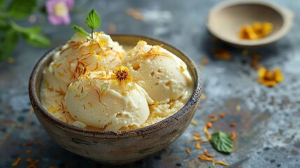 Delicious Creamy Vanilla Ice Cream Scoops Garnished with Edible Flowers in a Rustic Bowl