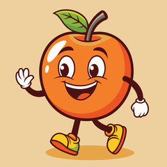 Groovy orange mascot. Funky retro character. cartoon apple, smiling, walking. Funny vintage trendy style character. Doodle Comic collection 