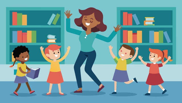 A librarian leads a short energizing dance break for young readers during story time at the library.. Vector illustration