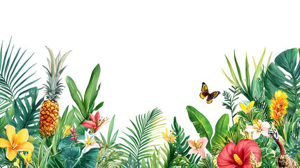 Fototapeta premium botanical watercolor artwork with intricate details of tropical green leaves and exotic blossoms 