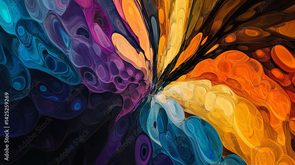 Poster magnified abstract butterfly wing texture with vibrant color shifts and fluid patterns capturing the