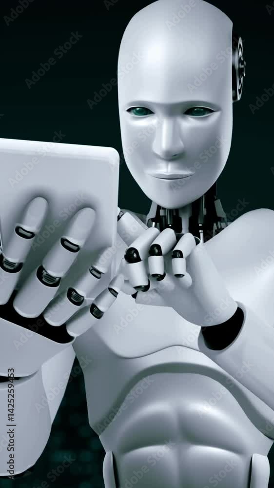 Poster robot hominoid use mobile phone or tablet for big data analytic using ai thinking brain , artificial