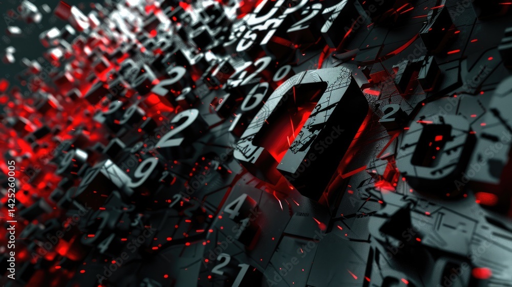 Poster floating black and red 3d numbers on a dark background. abstract 3d rendering art of number floating