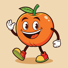 Groovy orange mascot. Funky retro character. cartoon apple, smiling, walking. Funny vintage trendy style character. Doodle Comic collection 