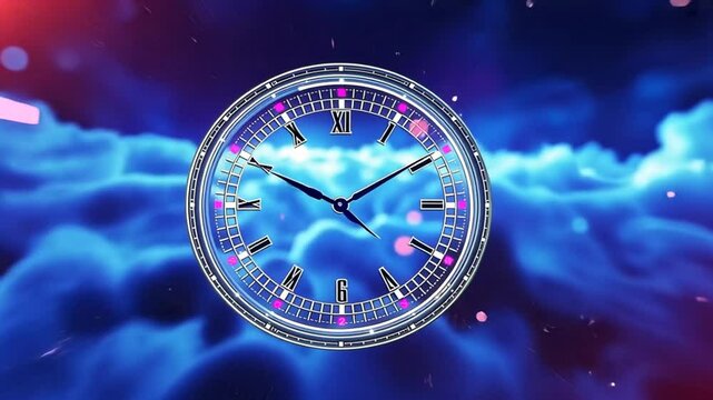 Abstract Clock Animation with Time Moving Fast, Clouds Background and Particles