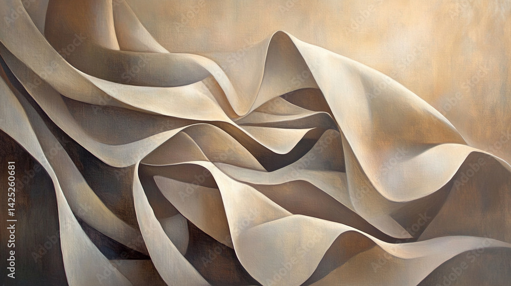 Poster intricate composition of smooth, folded fabric in neutral tones creating an illusion of depth and te